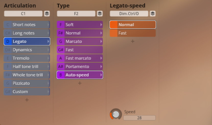 Studio Chamber Strings software interface displaying articulation, type, and legato-speed settings for musical instrument samples.