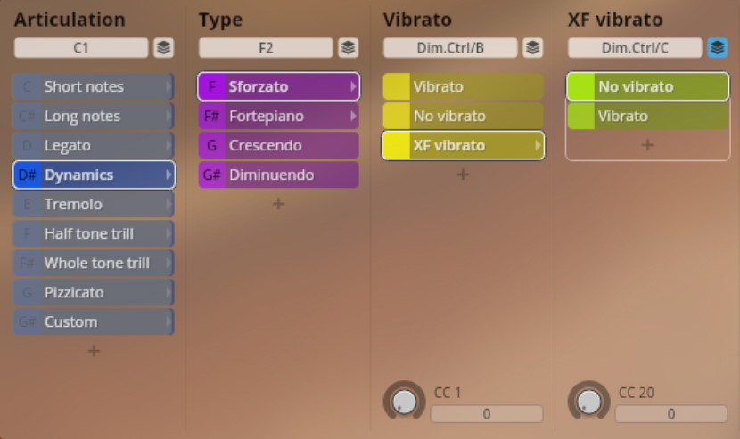 Studio Chamber Strings user interface showing articulation, type, vibrato, and XF vibrato controls with dynamics, sforzato, crescendo, and vibrato options selected.