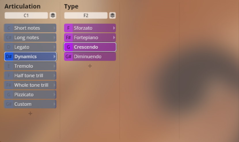 Screenshot of Studio Chamber Strings software interface showing Articulation and Type menus with Dynamics and Crescendo selected, showcasing sound customization options for virtual instruments.