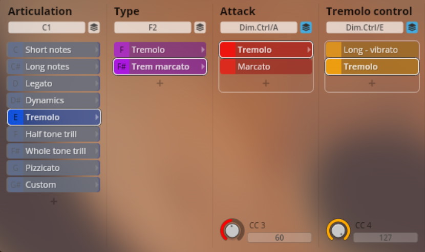 Software user interface showing Studio Chamber Strings articulation, type, attack, and tremolo control settings, with Tremolo selected under Articulation.