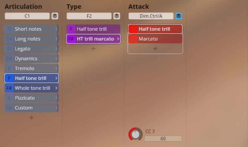 User interface for Studio Chamber Strings software showing articulation, type, and attack controls like half tone trill and marcato.