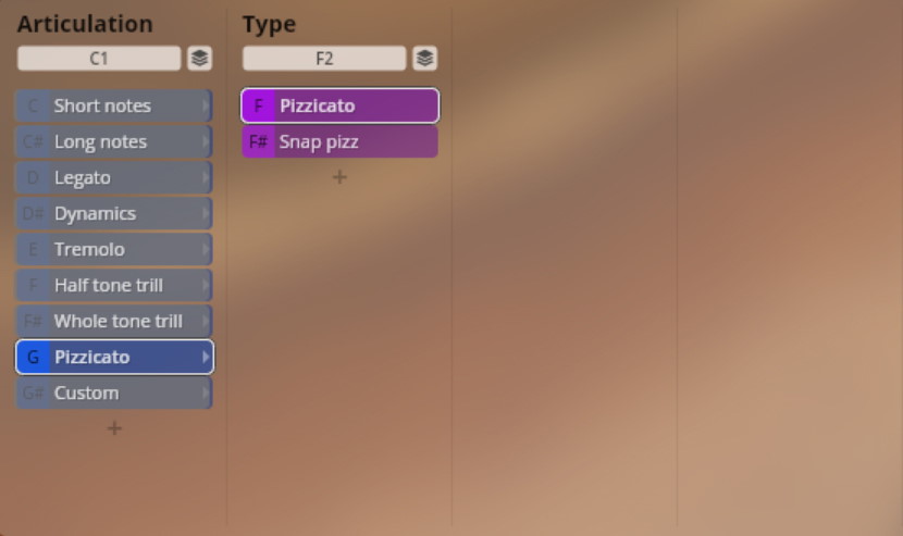 Software interface showing music articulation and type selection, with Pizzicato highlighted for Studio Chamber Strings.