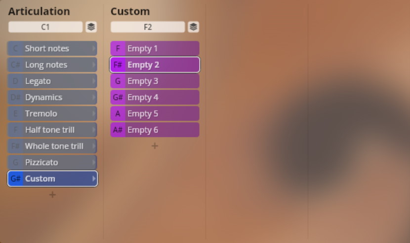 Studio Chamber Strings articulation and custom mappings interface with options like Short notes, Legato, Tremolo, and Empty custom slots.