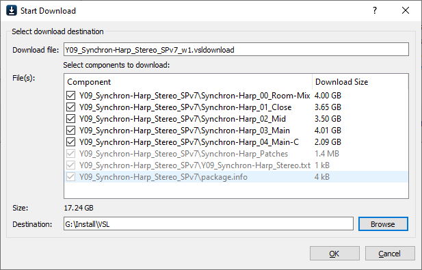 Software download window with selected components for Synchron-Harp-Stereo, showing total size and installation path.