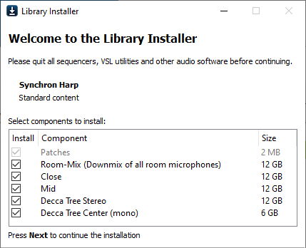 Library Installer welcome screen displaying Synchron Harp software components to install, including Patches, Room-Mix, Close, Mid, Decca Tree Stereo, and Decca Tree Center with their respective file sizes.
