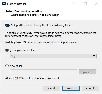 Software installation wizard displaying Select Destination Location for Vienna Organ Player library files, with Existing content folder S: drive selected, and disk space requirements.