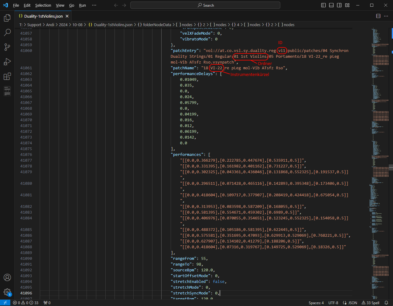 Code displaying how to create custom audio presets, clone existing presets, and manage instrument settings in a JSON file.